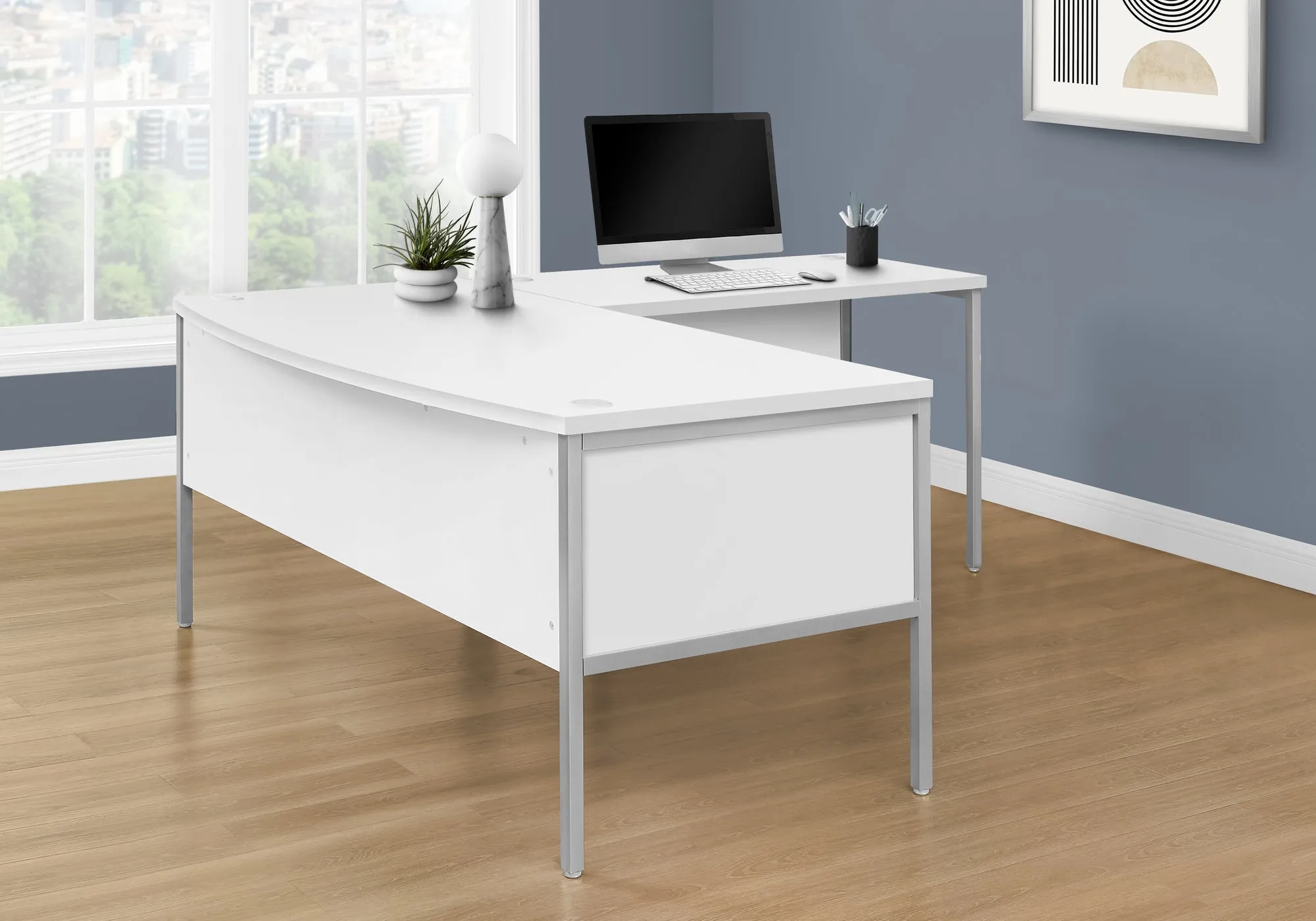 ProFlex 48 inch Executive Desk - Modern White Laminate & Silver Metal for Home Office & Commercial Use