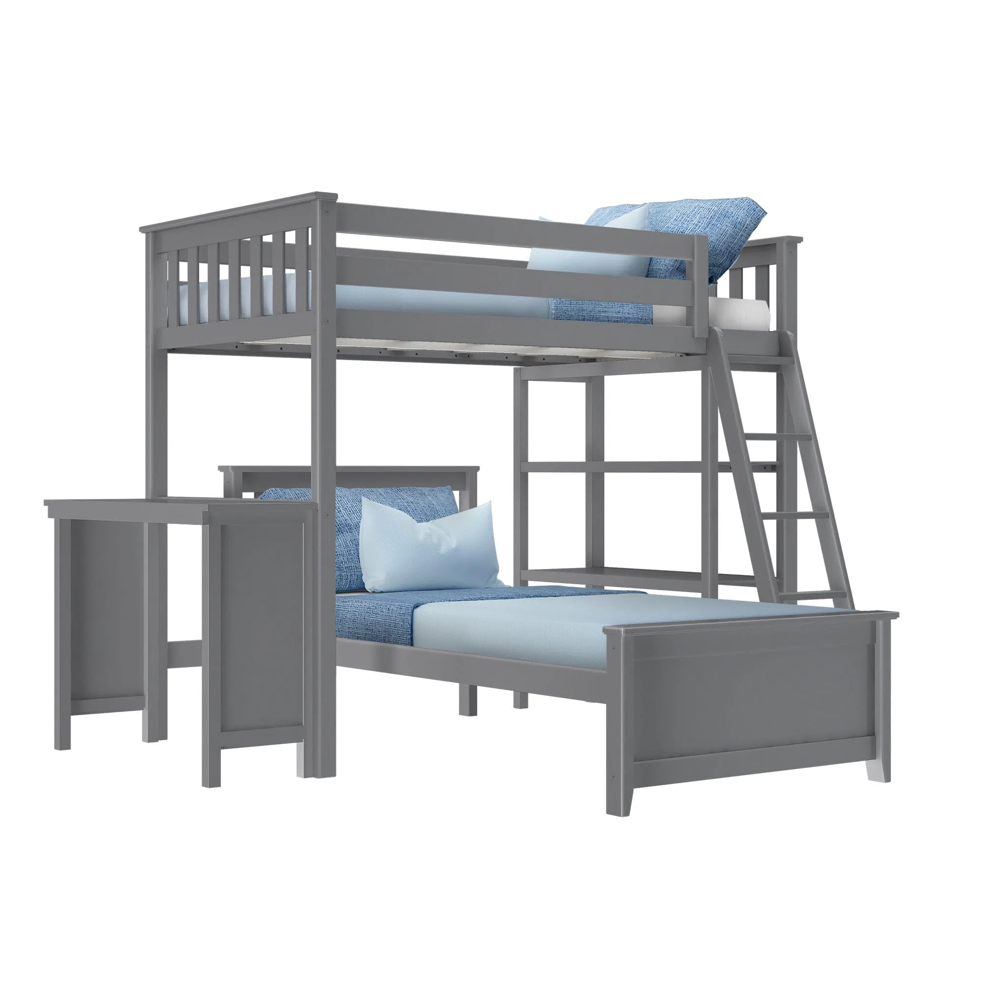 Twin Over Twin L-Shaped Bunk Bed With Bookcase & Desk