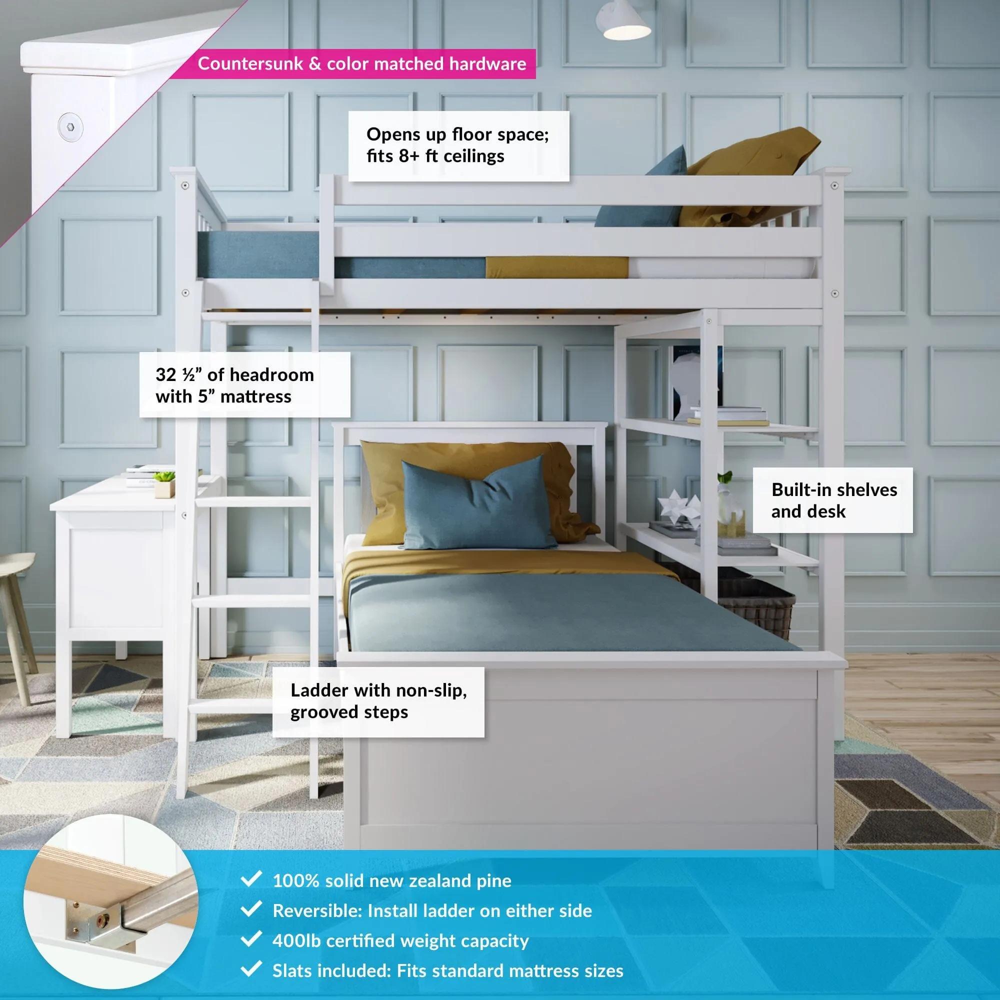 Twin Over Twin L-Shaped Bunk Bed With Bookcase & Desk