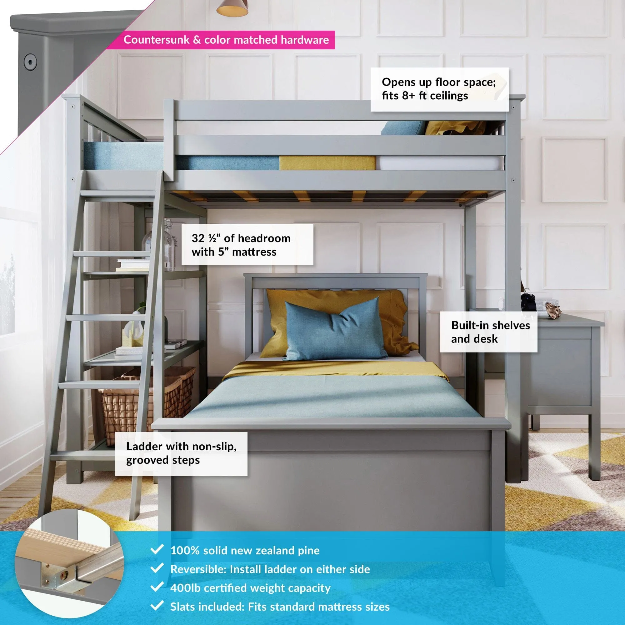 Twin Over Twin L-Shaped Bunk Bed With Bookcase & Desk