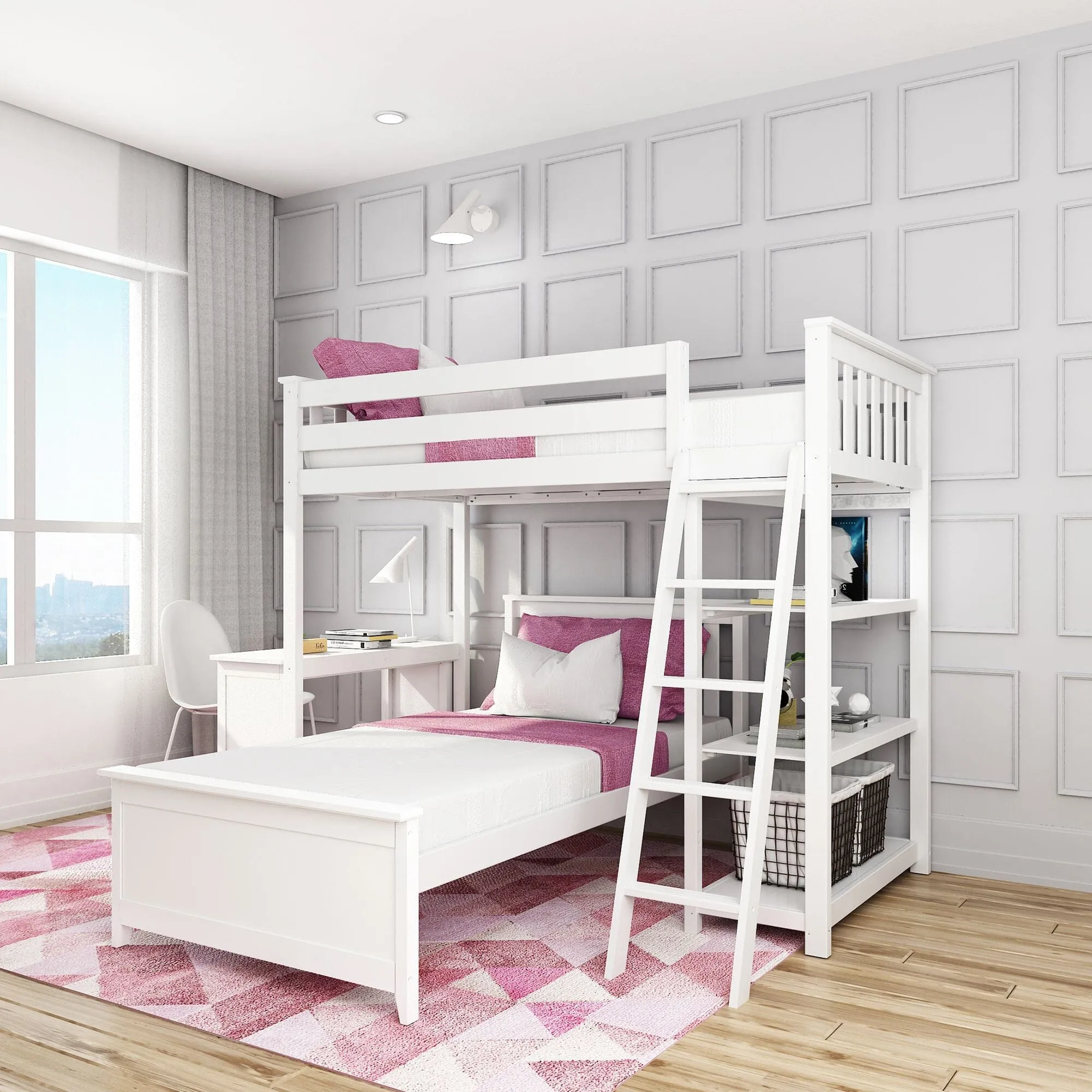 Twin Over Twin L-Shaped Bunk Bed With Bookcase & Desk