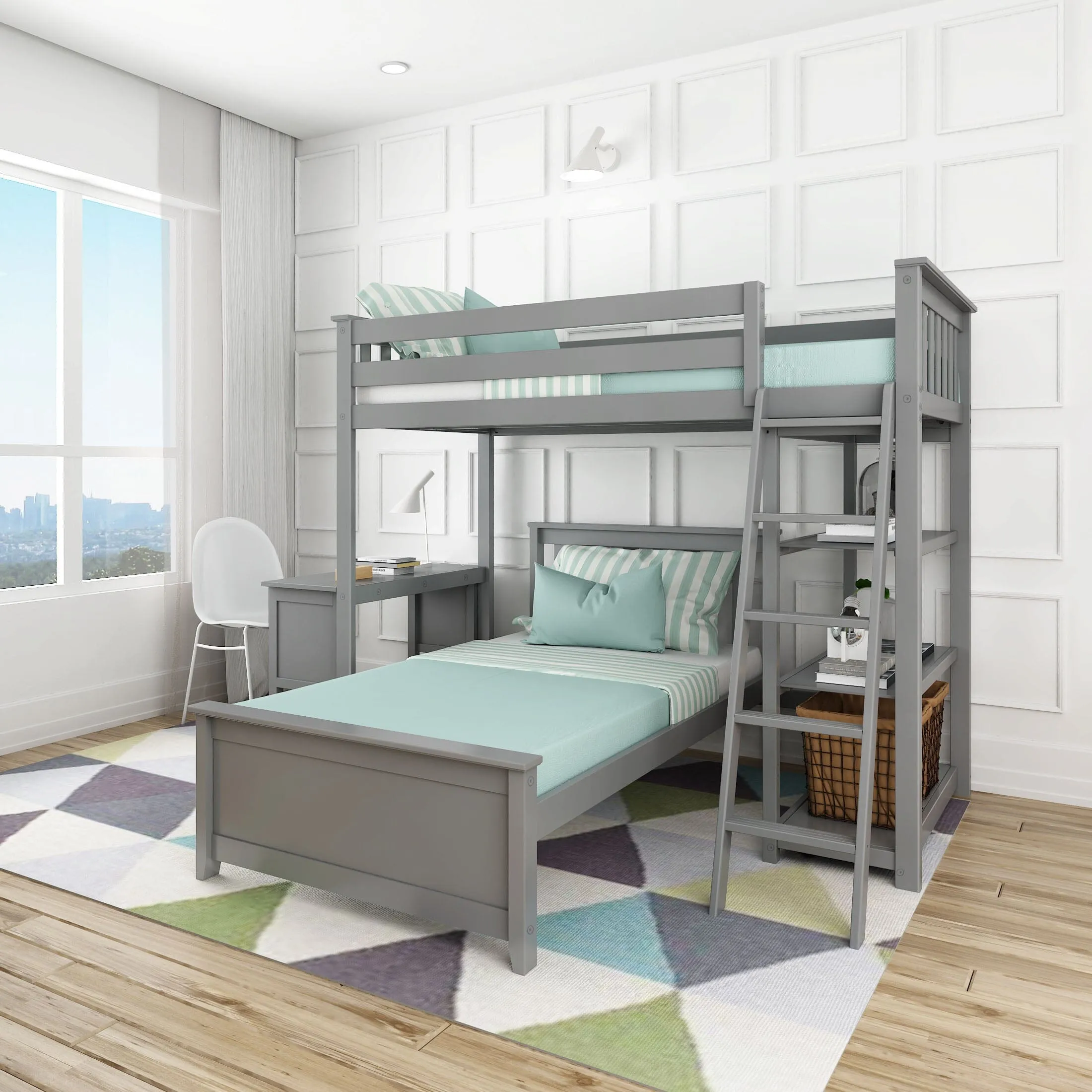 Twin Over Twin L-Shaped Bunk Bed With Bookcase & Desk