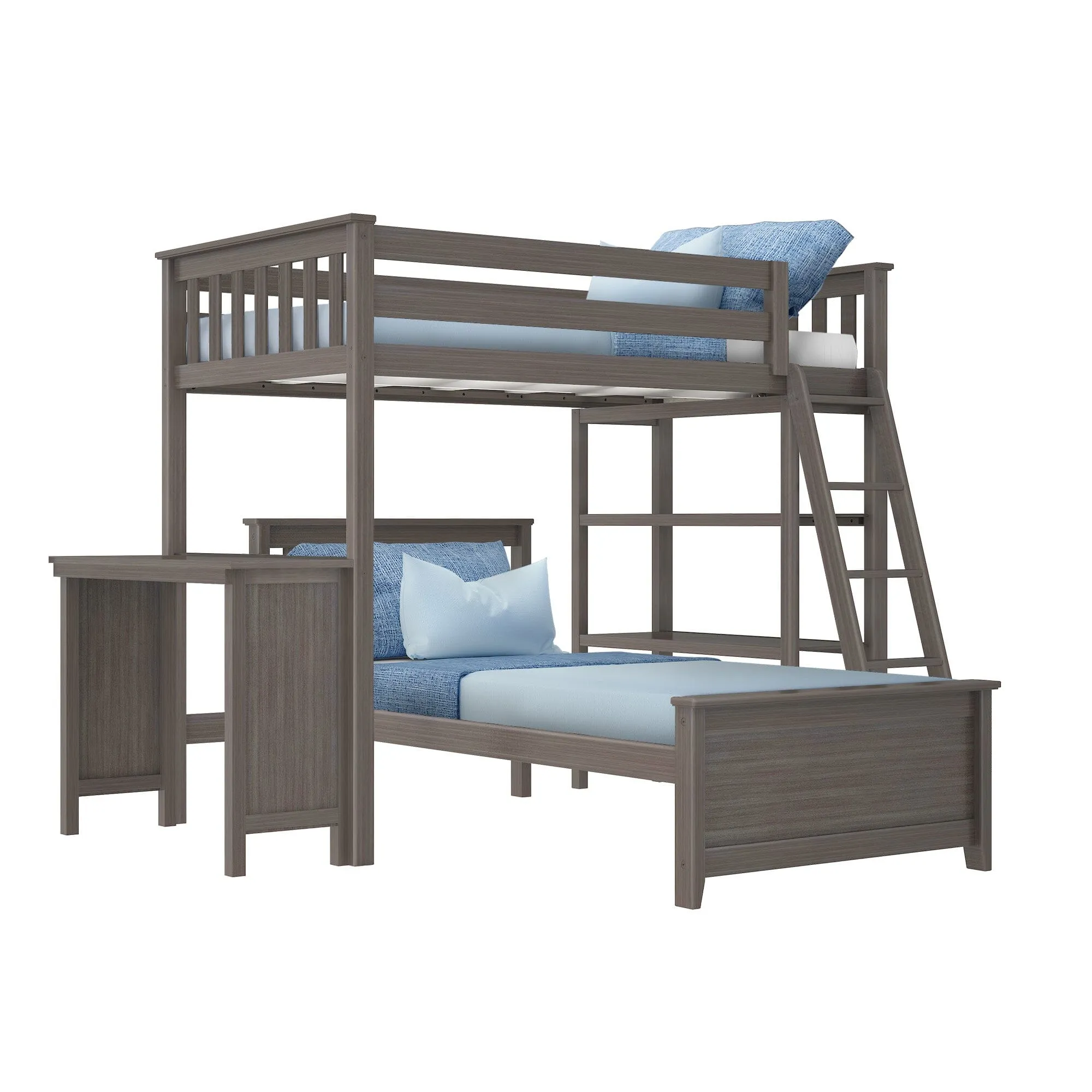 Twin Over Twin L-Shaped Bunk Bed With Bookcase & Desk