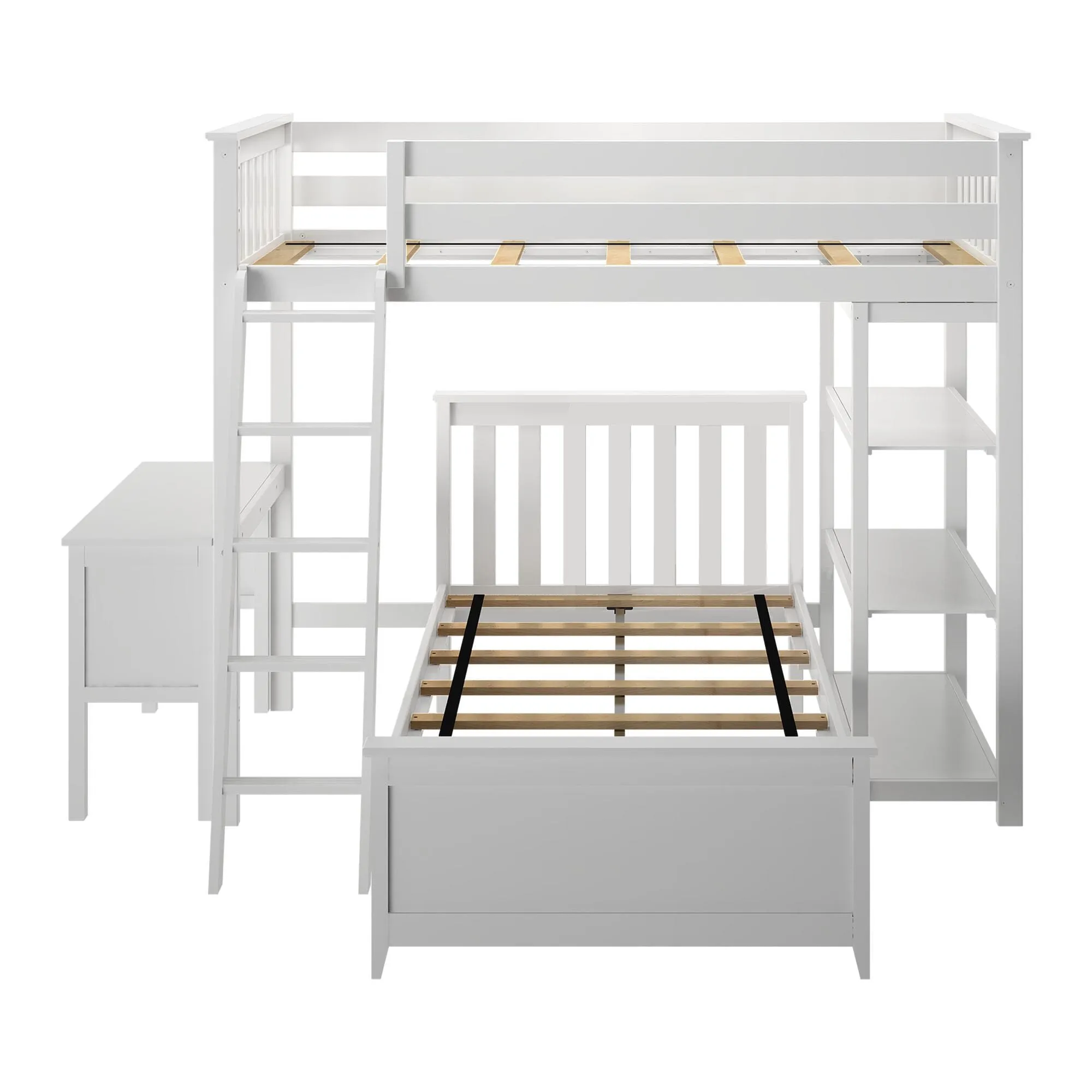 Twin Over Twin L-Shaped Bunk Bed With Bookcase & Desk