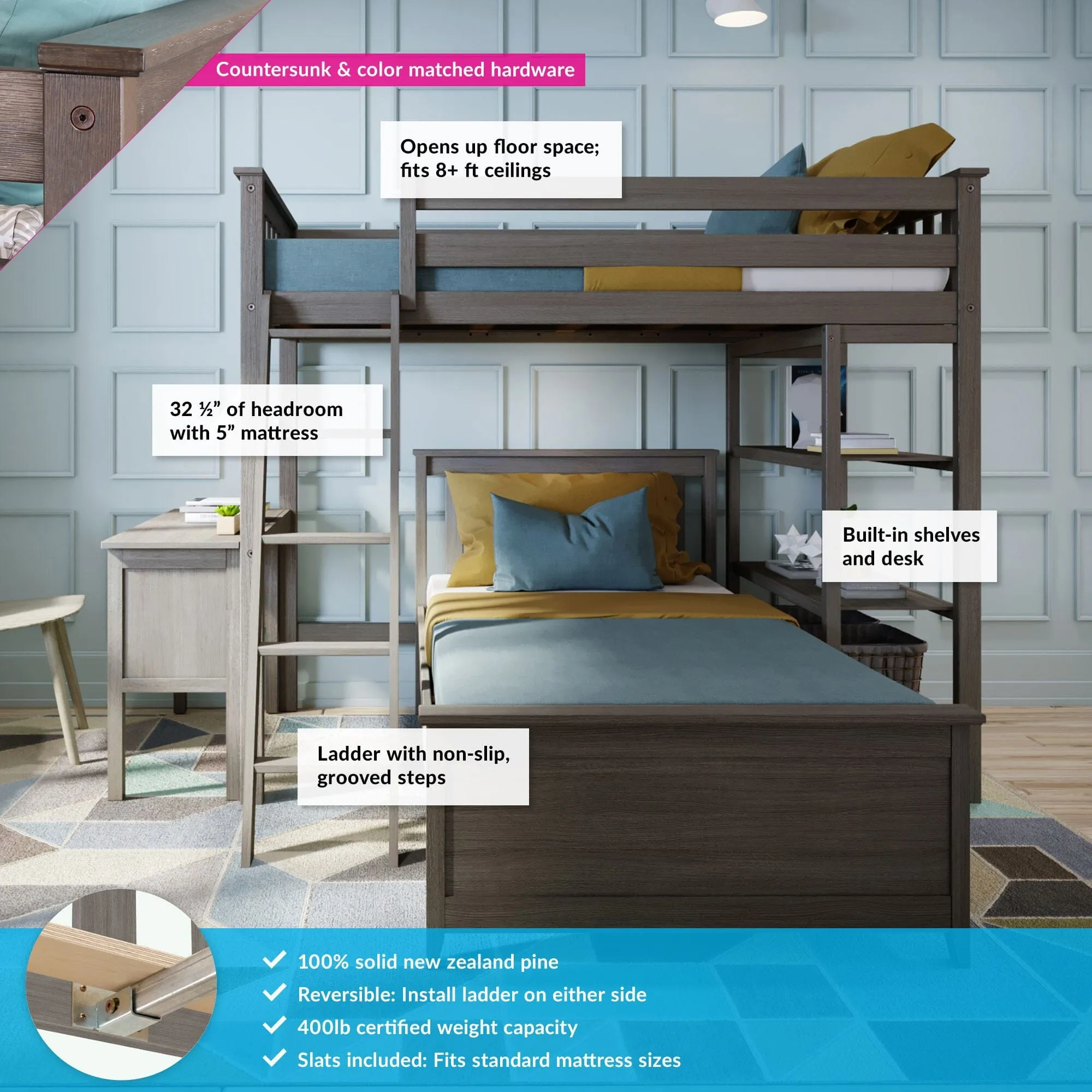 Twin Over Twin L-Shaped Bunk Bed With Bookcase & Desk