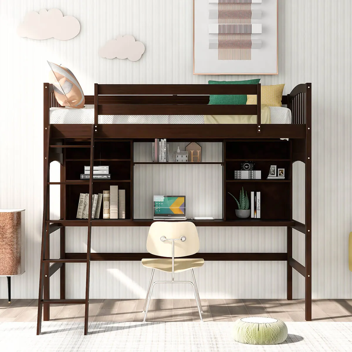 Twin size Loft Bed with Storage Shelves, Desk and Ladder, Espresso