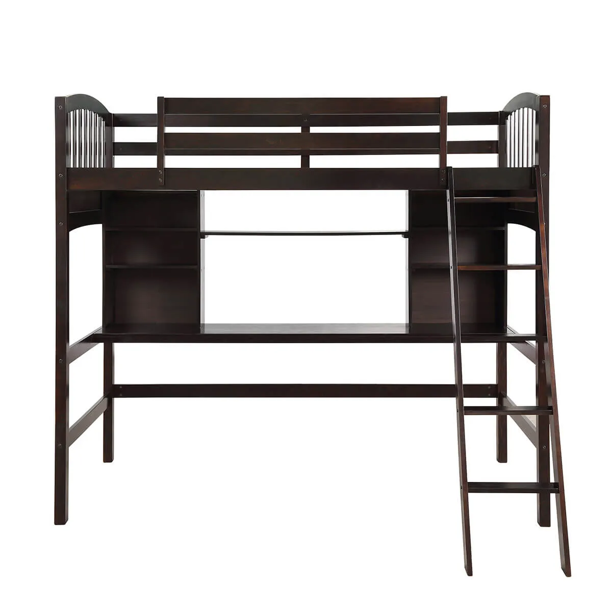 Twin size Loft Bed with Storage Shelves, Desk and Ladder, Espresso