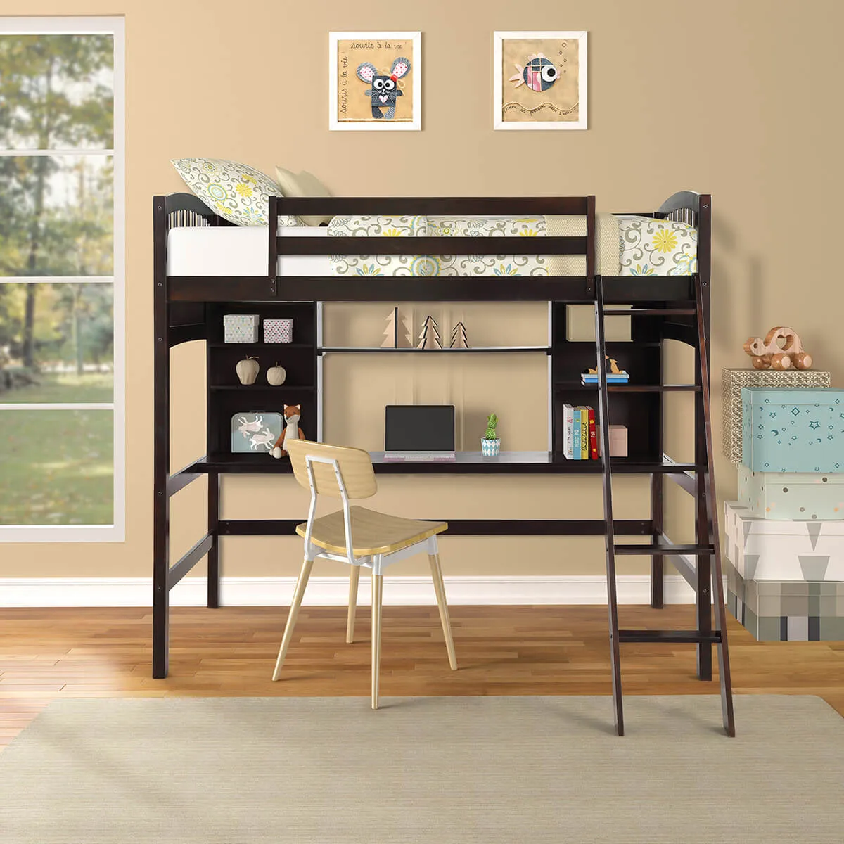 Twin size Loft Bed with Storage Shelves, Desk and Ladder, Espresso